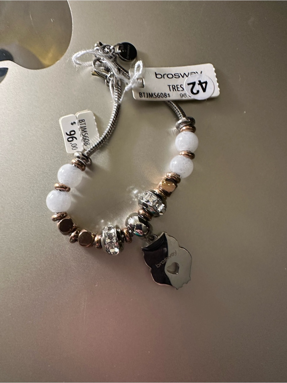 White and Rose Gold Beaded Owl Charm Bracelet - Picture 2 of 2